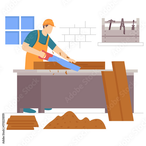 carpenter cutting wood plank with handsaw concept, Worker shaping timber for furniture vector design, carpenters banner, woodworker using hand tool scene, tradesperson and craftsmen stock illustration