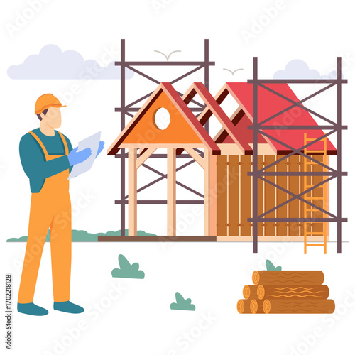 Supervisor Checking timber house construction concept, wooden framework and roof installation scene vector design, carpenters banner, woodworker scene, tradesperson and craftsmen illustration