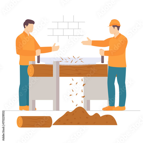 workers cutting large wooden log using manual two-person saw concept, traditional wood sawing process scene vector design, carpenters banner, woodworker scene, tradesperson and craftsmen illustration