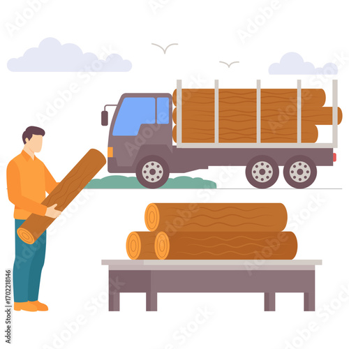 raw log delivery to sawmill or workshop by truck concept, Timber or Lumber Loading and Preparation to factory vector design, carpenter banner, woodworker scene, tradesperson and craftsmen illustration