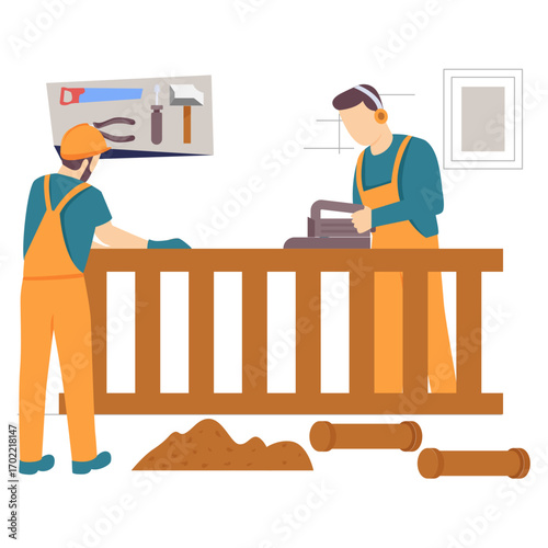 craftsmen working on wooden railings in workshop concept, One worker using planer other assists holding structure steady vector design,  carpenters banner,  woodworker scene, tradesperson illustration