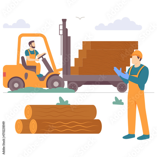 Worker operating forklift and moving logs to sawmill concept, Two person working in lumber yard vector design, carpenters banner, woodworker scene, tradesperson and craftsmen stock illustration