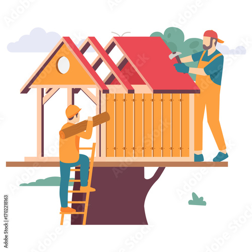 two workers constructing tree house concept, Person carrying wooden log other one on platform hammering roof panel vector design,carpenter banner, woodworker scene, tradesperson craftsmen illustration