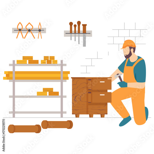furniture maker building wooden cabinet with two drawers concept, Woodworking or cabinetry Workshops scene vector design, carpenters banner, woodworker scene, tradesperson and craftsmen illustration
