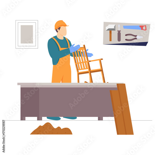 craftsman Inspecting finished chair concept, Traditional Furniture Making workshops interior vector design, carpenters banner, woodworker scene, tradesperson and craftsmen stock illustration