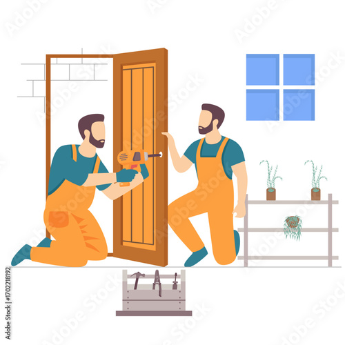 carpenter making hole using power drills for lock in door panel concept, two joiner fitting room gate together vector design, handyman banner, woodworker scene, tradesperson craftsmen illustration