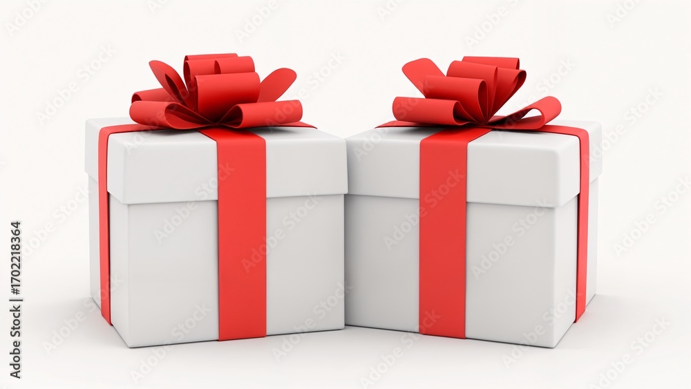 Fototapeta premium Two white gift boxes with red ribbons tied around them.