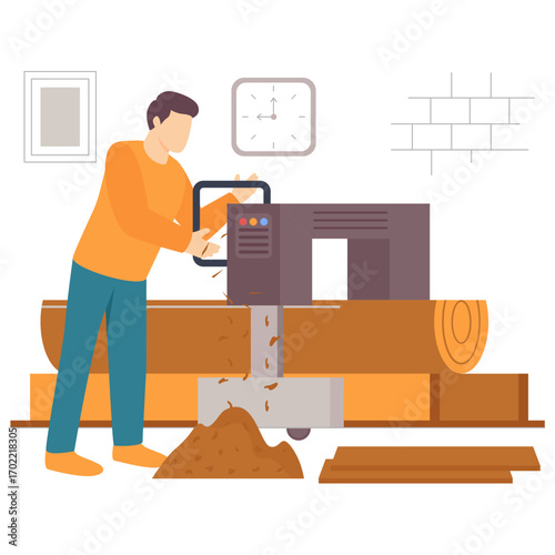 Worker operating wood-cutting machine by feeding large log concept, processing Logs into lumber at sawmill vector design, carpenters banner, woodworker scene, tradesperson and craftsmen illustration