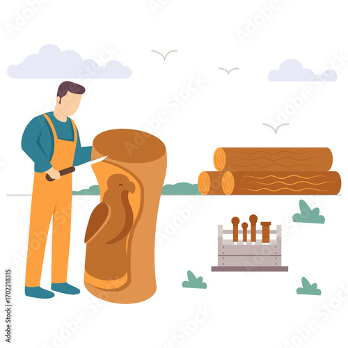 woodcarver working on large tree trunk carving bird figure concept, craftsman sculpting wooden eagle using chisel vector design, carpenters banner, woodworker scene, tradesperson crafting illustration