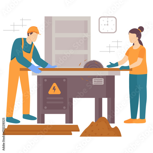 two workers operating circular table saw to cut wooden plank concept, hobbyists working at woodshops vector design, carpenter banner, woodworker workshop scene, tradesperson and craftsmen illustration