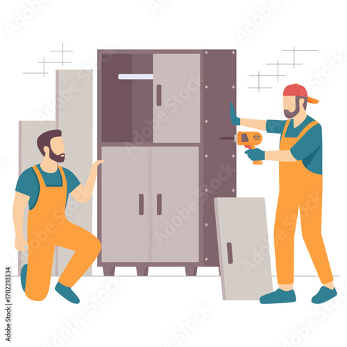 two workers assembling large wardrobe concept, furniture maker installing cabinet door using power drill vector design, carpenters banner, woodworker scene, tradesperson and craftsmen illustration