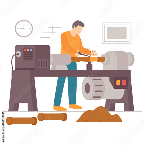 Worker operating lathe machine, shaping piece of wood into cylindrical shape concept, Woodturning Craftsmanship vector design, carpenters banner, woodworker scene, tradesperson craftsmen illustration