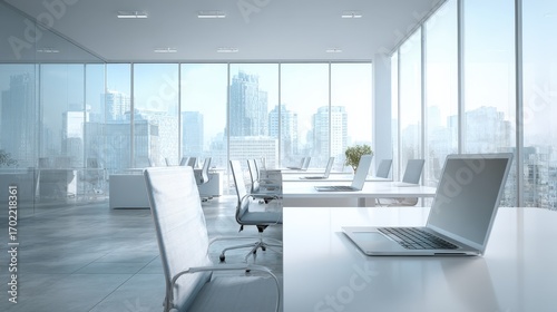 Modern Open Office Space with Skyline View and Natural Light in a Contemporary Design