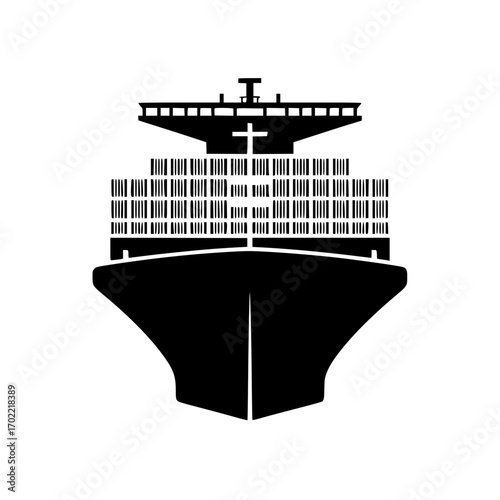 Bold silhouette of a massive cargo ship loaded with containers ready for global transport.
