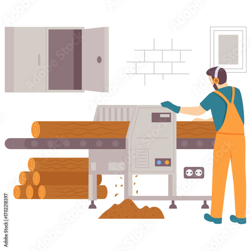 Wooden logs placed on conveyor belt, moving into chipping machine concept, Safety in Timber Processing vector design, carpenters banner, woodworker scene, tradesperson and craftsmen stock illustration