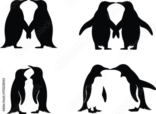 Penguin couple silhouettes vector illustration, romantic penguins in love, kissing penguin pair artwork, wildlife animal design, black and white penguin drawing