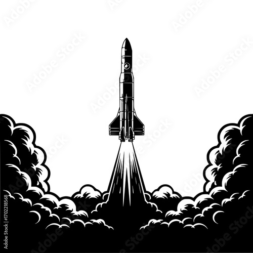 Dynamic rocket launch blasts off amidst dramatic smoke plumes signifying innovation and progress.