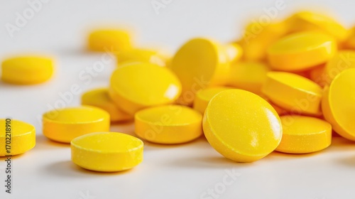 Yellow pills scattered on white background, clean and simple composition