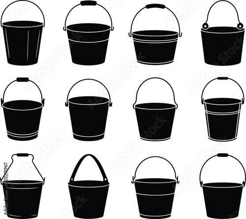 Set of bucket vector illustrations, black silhouette icons with handle, water pail design, household cleaning container, storage utility, garden and washing tool