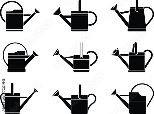 Set of watering can vector icons, gardening equipment silhouette design, plant care container, garden tools illustration, black watering pot symbol collection