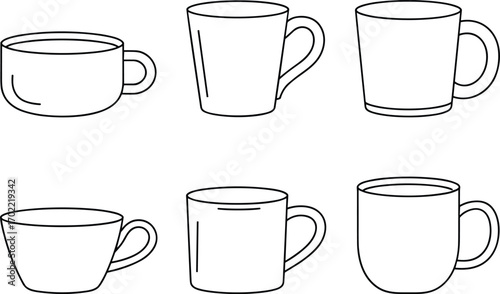 Set of coffee cup and tea mug vector illustrations, simple line art collection, minimal black outline design for beverages, drinks, kitchenware and cafe
