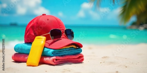 Wallpaper Mural A vibrant summer scene featuring a bright red baseball cap perched atop a stack of beach towels, sunglasses, and sunscreen, ready for a sunny day , bright, summer accessories, outdoor Torontodigital.ca