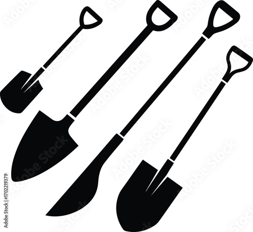 Shovel silhouette vector illustration, gardening tools collection, spade and digging equipment, isolated black icons, construction and agriculture symbol, landscaping tool artwork design