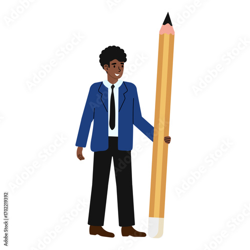 Young man in a suit holds an oversized pencil in a playful yet professional manner