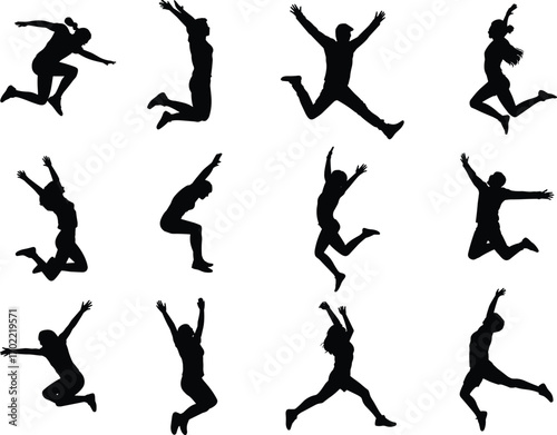 Silhouette people jumping, vector human poses, freedom expression, active lifestyle, dance movement, fitness exercise, joyful silhouettes, happiness concept, energetic