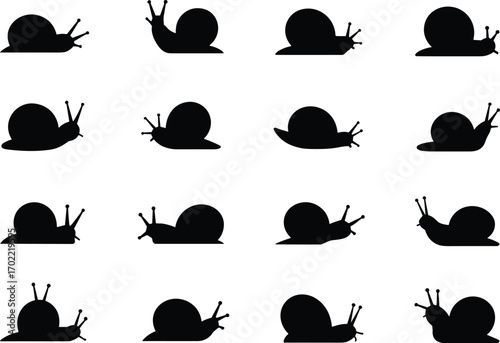Silhouette snail icons set, crawling snails vector illustration, isolated gastropod animal shapes, mollusk outlines, black snail collection for nature design