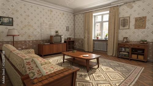 Commercial high-resolution photo of typical Soviet style apartment with vintage furnishing and retro living room design copy space image.