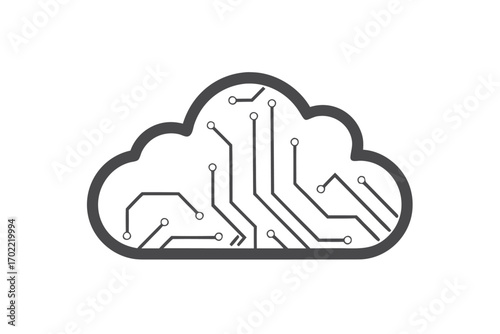 Gray Cloud Circuit with Lines and Nodes on a White Background Design