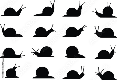 Snail silhouettes vector illustration collection with crawling mollusk designs, garden slow animal icons, black outline symbols for nature, wildlife, and biology concepts