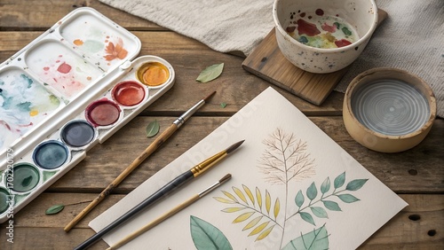 vibrant watercolor painting set with leaf design on rustic wooden table