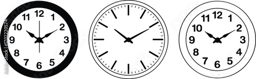 Wall clock vector illustration, round analog clocks set, timekeeping design, black and white clock faces, office, home, school, punctuality