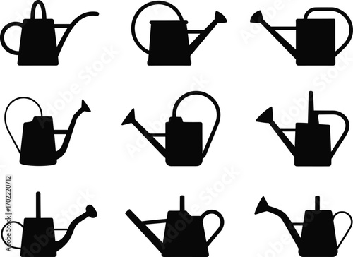Watering can silhouette set, garden tool vector, black watering pot icons, plant care equipment, horticulture container design, irrigation symbol collection, simple gardening illustration