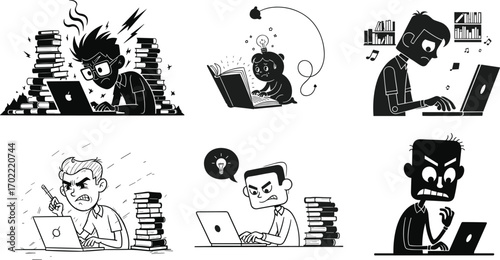 Frustrated students studying, stressed researchers, working on laptops, creative ideas, educational pressure, problem solving, academic stress, cartoon illustration