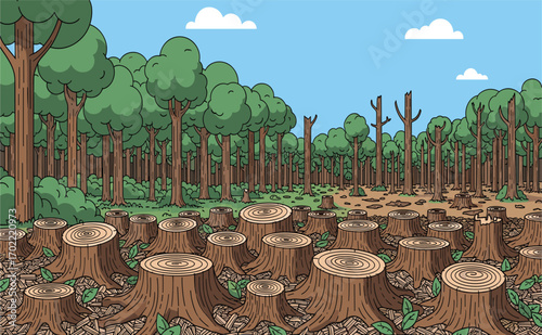 Deforestation Scene with Tree Stumps and Forest Background