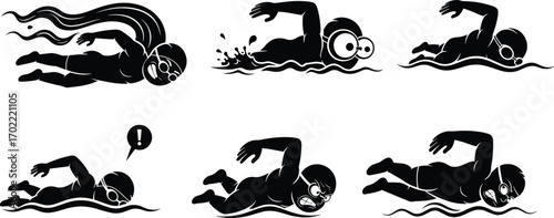 Funny swimmer character illustrations, expressive swimming poses, freestyle stroke humor, cartoon athlete in water, comic sports vector design set