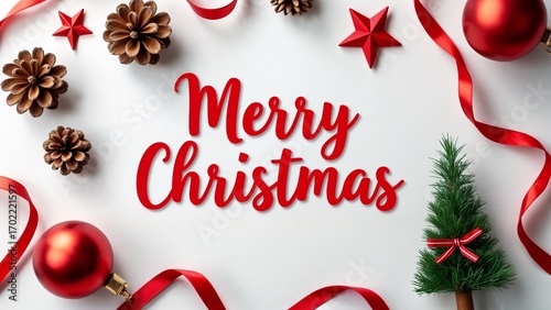 A white background with red lettering that says Merry Christmas surrounded by red ribbons and pine cones.