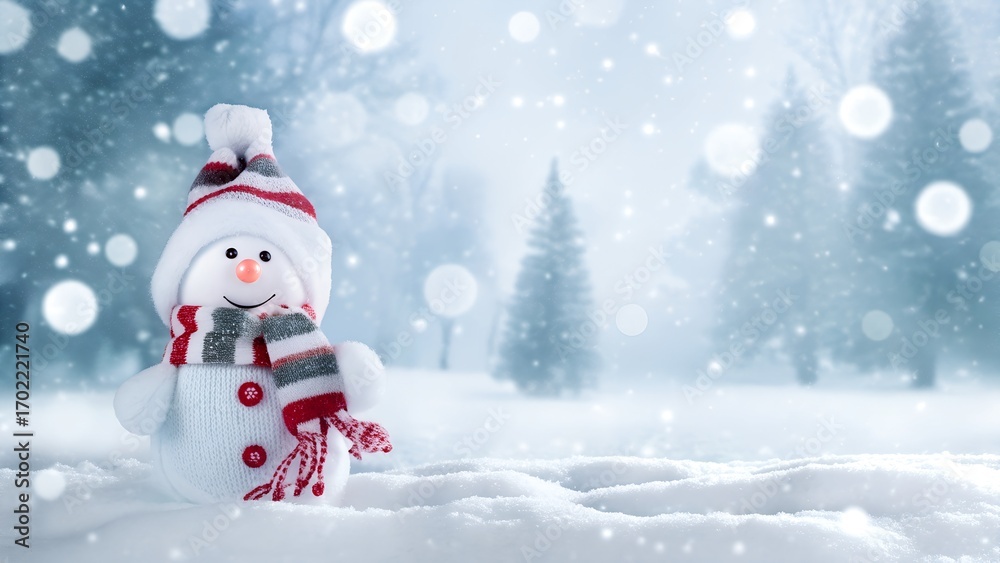 Fototapeta premium Snowman in winter landscape with snowfall