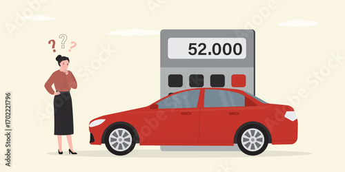 High interest rates on loan or cost of car. Unhappy woman buyer thinking about buying an expensive vehicle. Auto credit calculator. Modern red car.