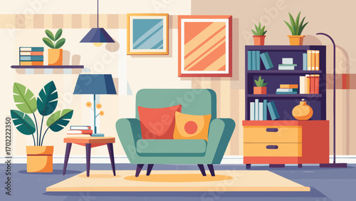 Vector art of cozy living room interior with armchair, bookshelf, plants, and decor, creating a comfortable and inviting space for relaxation and leisure