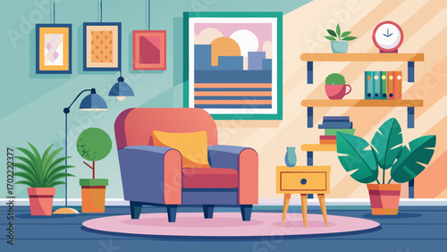 Vector art of inviting living room interior with armchair, plants, and decor, creating a comfortable and stylish space for relaxation and leisure