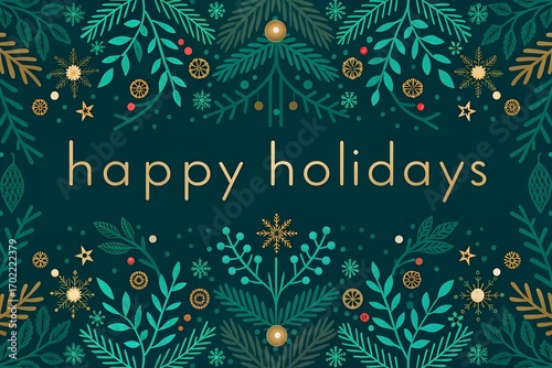Elegant Happy Holidays Card Design with Golden Snowflakes, Festive Botanicals, and Modern Geometric Christmas Tree – Perfect for Seasonal Greetings and Winter Celebrations