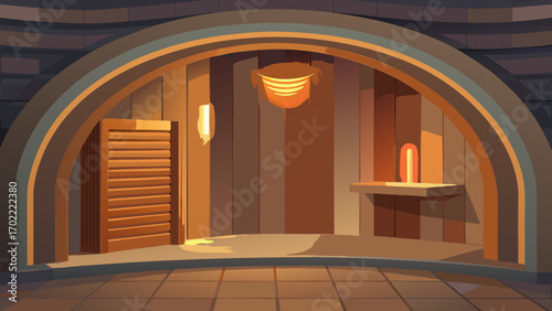 Vector art of a cozy sauna interior with wooden walls, a closed door, and soft lighting creating a relaxing atmosphere for wellness and rejuvenation