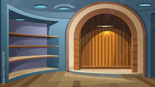 Vector art of empty room interior with wooden shelves and stage, creating a versatile space for various purposes and events