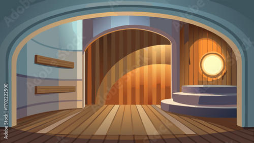 Vector art of cartoon interior of a spaceship cabin with wooden walls, floor, and shelves, creating a cozy and futuristic atmosphere for space exploration