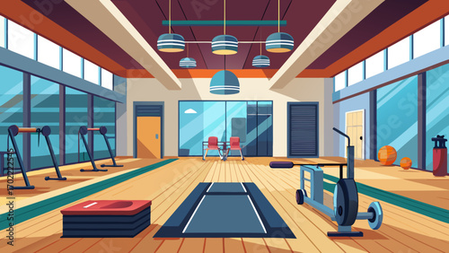 Vector art of modern gym interior with exercise equipment, large windows, and a spacious layout, creating a motivating environment for fitness and wellness activities