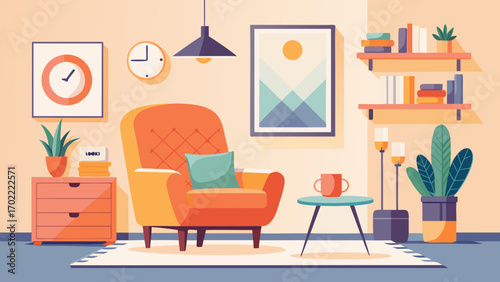 Vector art of a cozy living room interior with an orange armchair, a small table, and various decorations on the wall, creating a warm and inviting atmosphere
